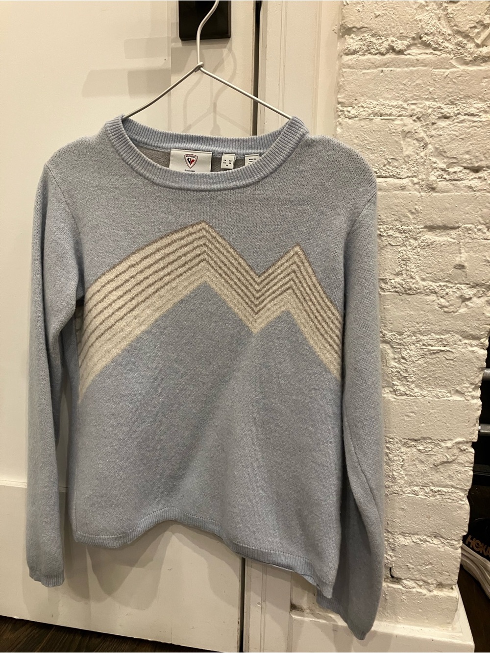 Rossignol Light Blue Ribbed Crewneck Sweater with Cream Logo Patch Size Medium